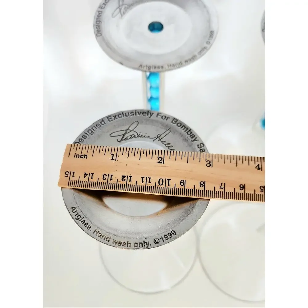4 Patricia Heaton Bombay Sapphire Martini Glasses Blue Beads 1999 Artglass